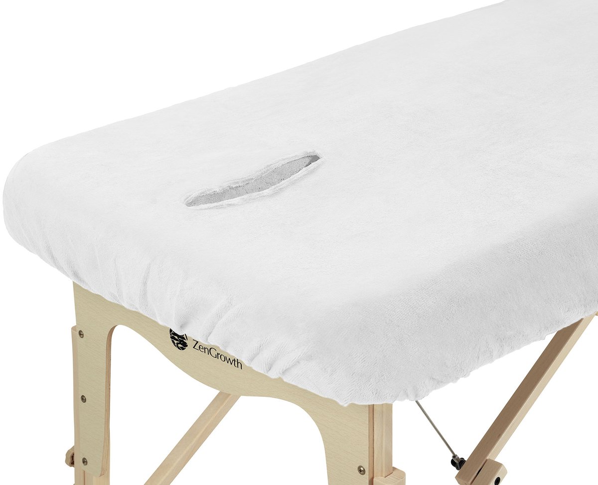ZenGrowth® Microvezel Hoeslaken Massagetafel Wit – Met Uitsparing – Zijdezacht & Sneldrogend – 130 gram/m² – Lengte 180-190 cm – Breedte 70-80 cm – Stretch Materiaal