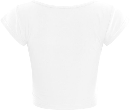 Achterkant van een witte crop top met korte mouwen.