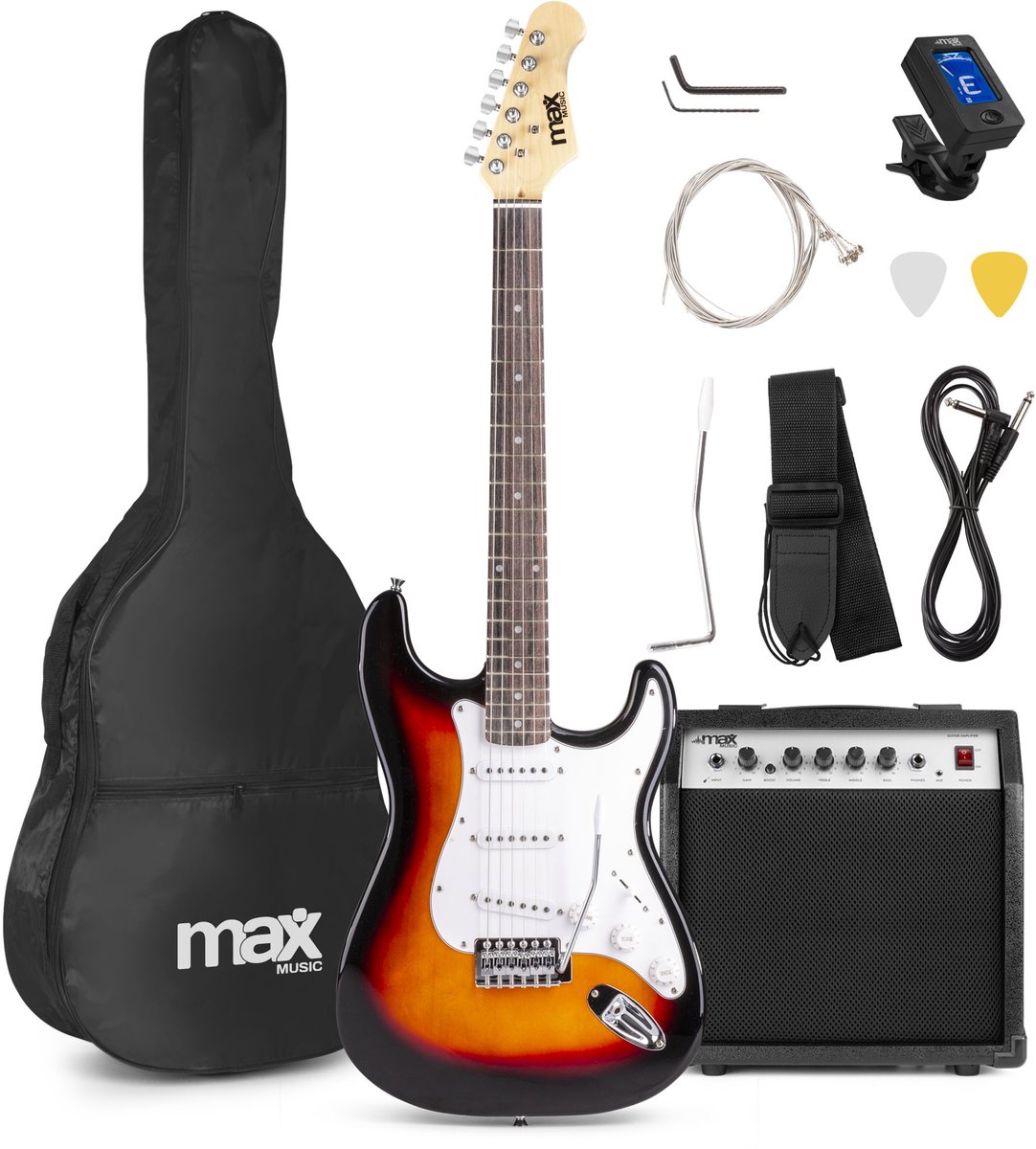 Elektrische gitaar met gitaar versterker - MAX Gigkit - Perfect voor beginners - incl. gitaar stemapparaat gitaartas en plectrum - Sunburst