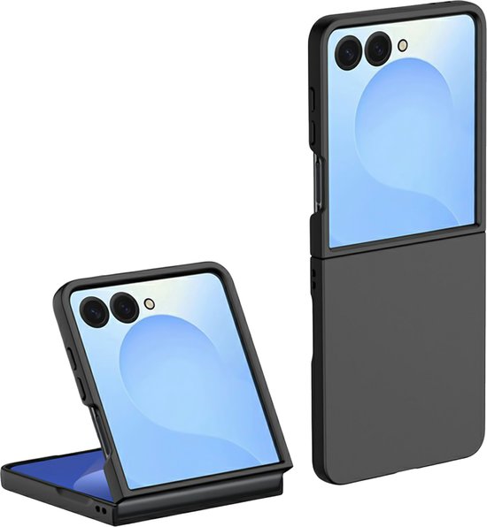 Deux coques de téléphone pliables noires, l'une ouverte et l'autre fermée.