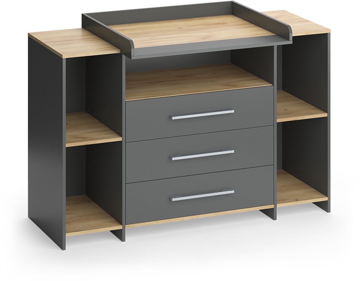 Vicco Oskar Luiertafel – 143.2 x 93 cm met 3 laden Antraciet/gouden eik