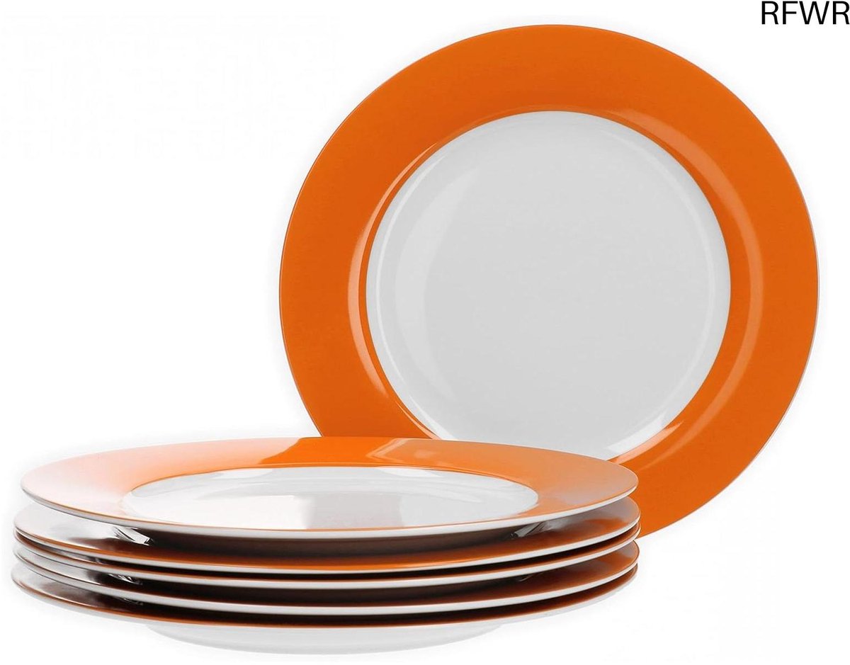 RFWR® Platte bordenset voor 6 personen - 6-delige porseleinen borden met oranje rand - Magnetronbestendig tafelservies