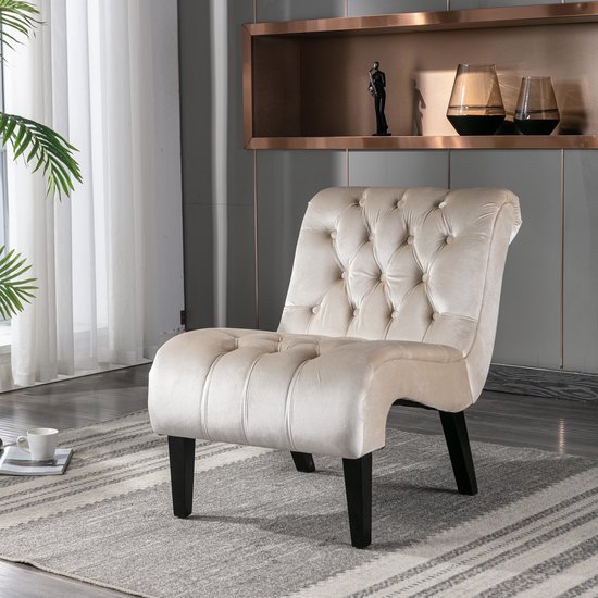 SINGULARITY Vrijetijdsstoel-elvet-zonder-armleuningen-gestoffeerde-knoppen-met-houten poten-Beige