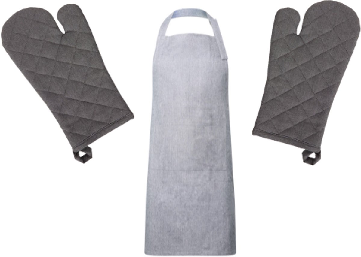 Ovenwanten met keukenschort set - 2 Stuks - Ovenhandschoenen Schort - Keukenschort - Hittebestendig tot 250 °C - Grijs