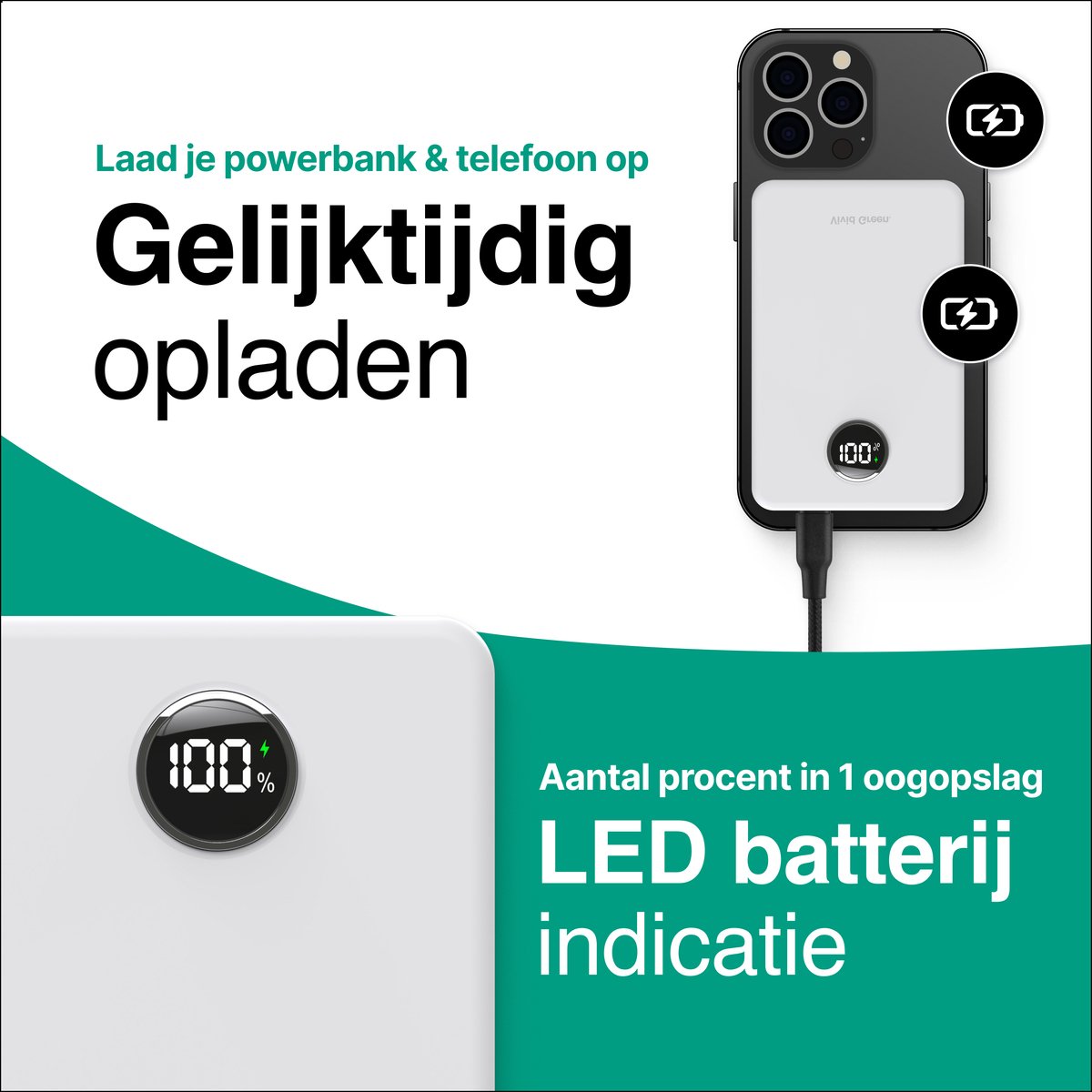 Lugia Powerbank UP 20.000 mAh - Draadloos Opladen - Ingebouwde kabels