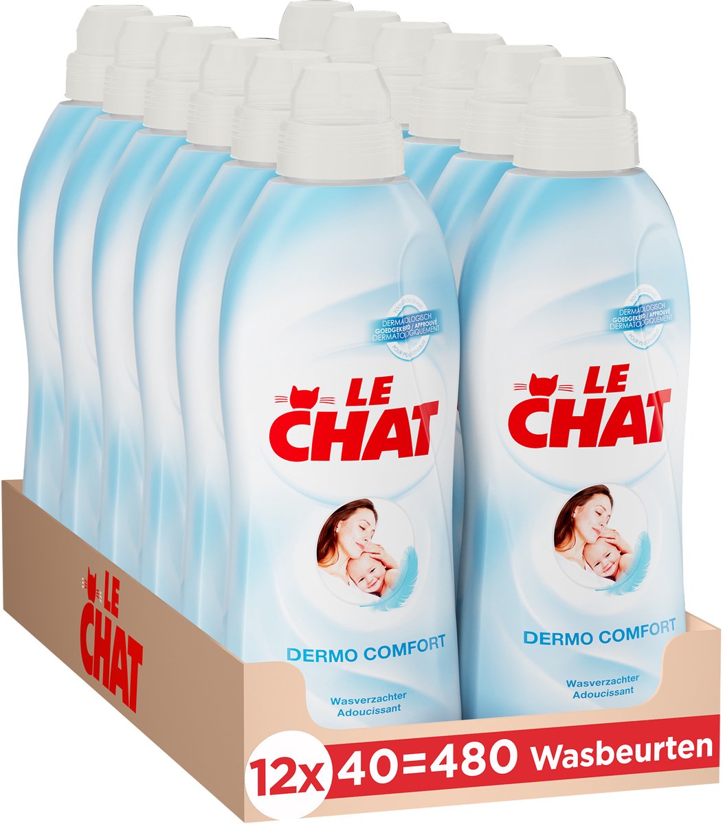 Goedkoopste Le Chat Wasverzachter - Dermo Comfort - Gevoelige Huid - Zachtheid en Comfort - Tegen Huidirritaties - Voordeelverpakking - 12 x 40 Wasbeurten
