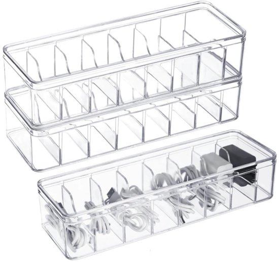 Boîte de rangement pour câbles, 3 pièces, transparente, avec couvercle, transparente, 26 x 10 x 6 cm, idéale pour ranger câbles, chargeurs, accessoires électroniques et autres appareils domestiques.