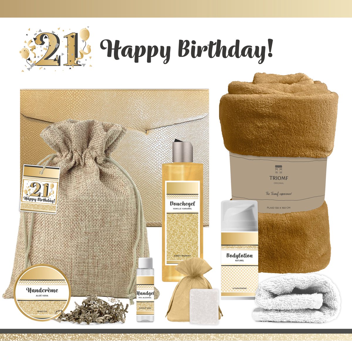 Geschenkset “21 Jaar Happy Birthday!” - 8 producten - 1210 gram I - Cadeau Vrouw Verjaardag 21 jaar - Giftset Twenty one Party - Luxe wellness cadeaubox - Gefeliciteerd - Geschenk Pakket Douchegel - Cadeaupakket - Gift Set - Verjaardagscadeau Goud