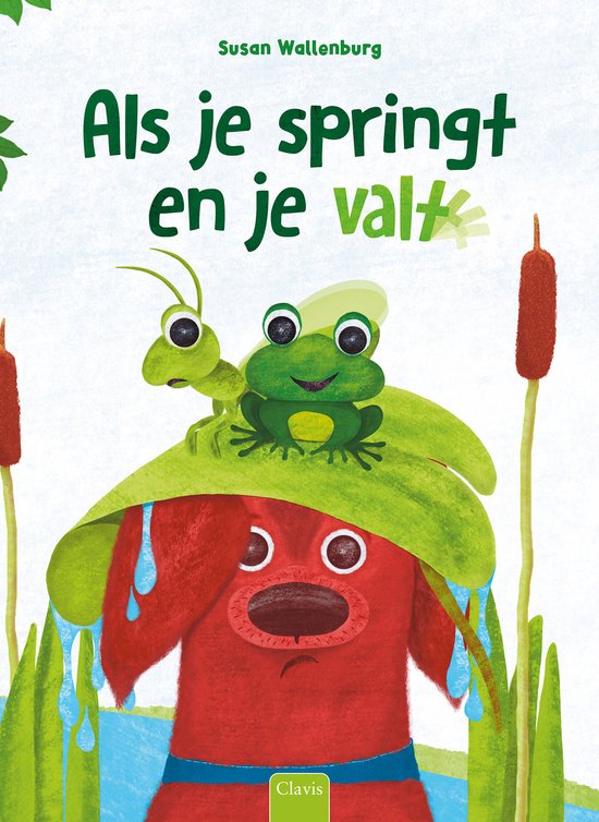 Een rood hondje met een grote groene bladhoed met daarop een kikker en een rups. Geschreven door Susan Wallenburg.
