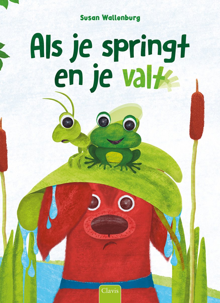 Een rood hondje met een grote groene bladhoed met daarop een kikker en een rups. Geschreven door Susan Wallenburg.