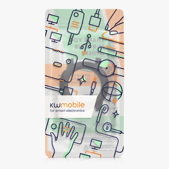 Verpakking met lineaire pictogrammen van smart-elektronica-accessoires en het logo kwmobile.