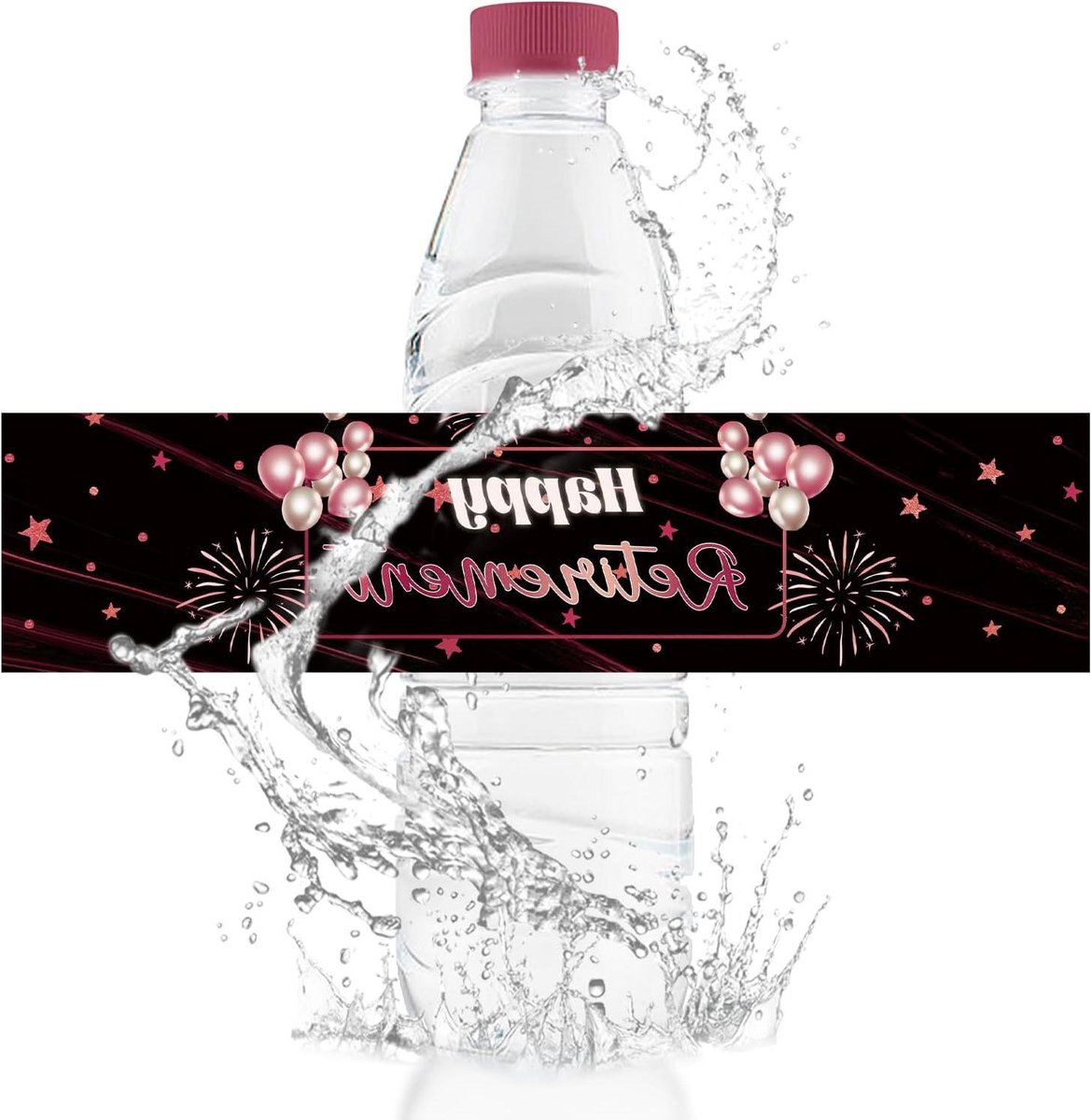 Allecto Plus - Waterfles labels roze set van 50 stuks voor gepensioneerd feestje - Waterdicht en glanzend - Gelukkig pensioen sticker met rechthoekig design.