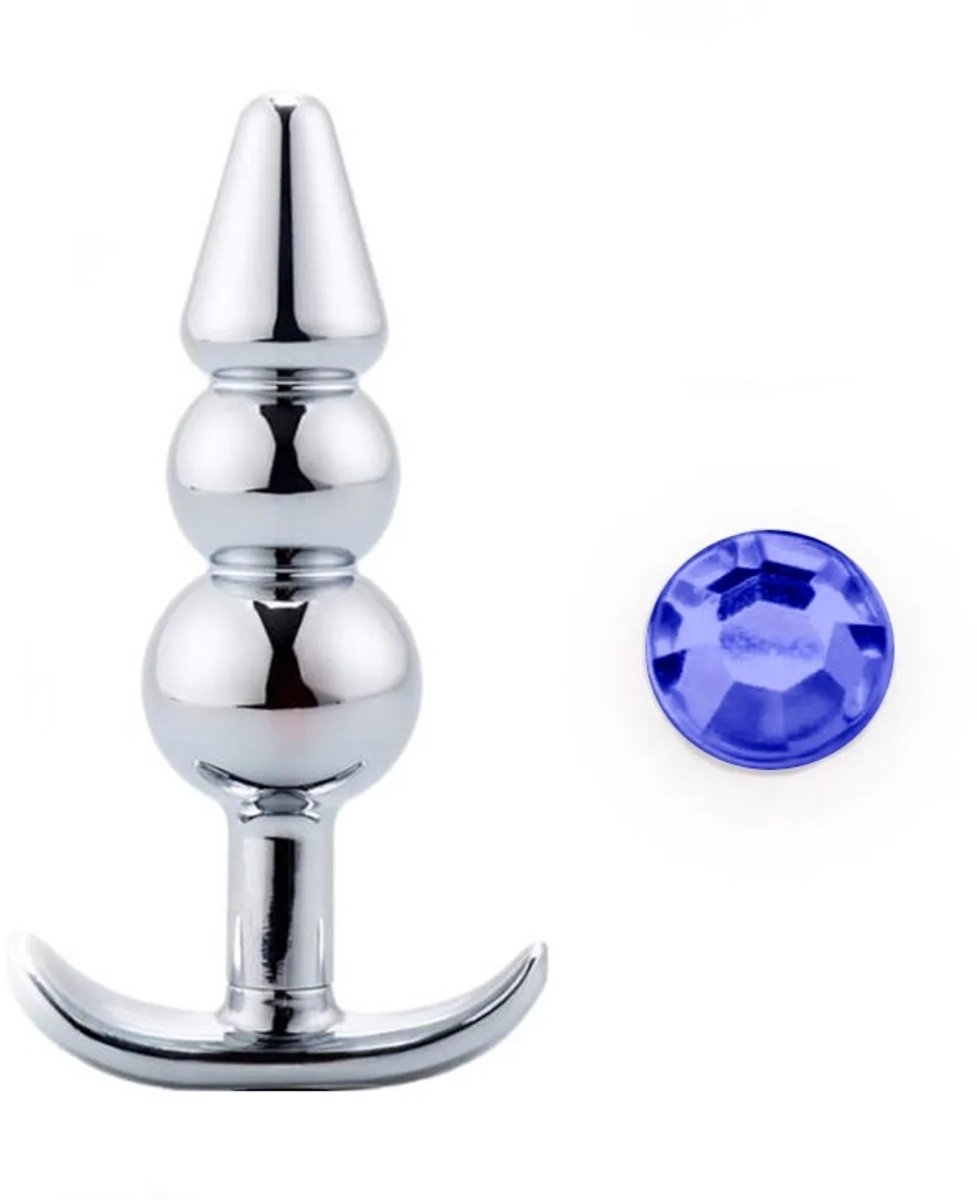 Nooitmeersaai - Buttplug met blauw kristal - Metaal - Blauw/zilver - 10/28-105mm