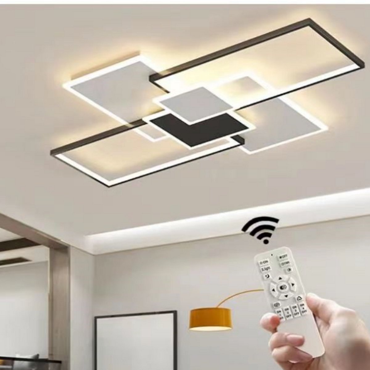 Haobosic - Rechthoekige LED plafondlamp in zwart + wit aluminium 120W traploze dimmer voor woonkamer/slaapkamer/keuken