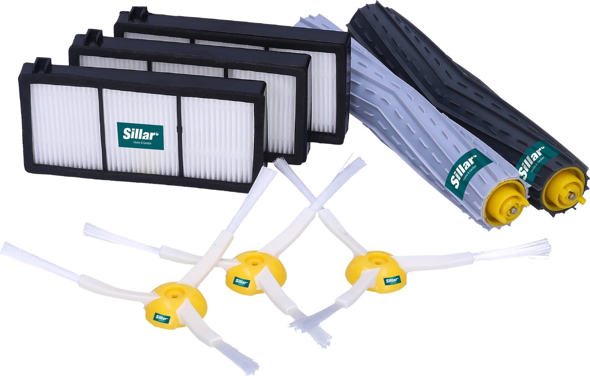 Sillar, set accessoires voor stofzuiger, reserveonderdelen, geschikt voor iRobot Roomba serie 800, 900, 3x HEPA-filters voor stofzuiger + 3 zijborstels + 2 rubberen rollen, voor verschillende oppervlakken, 8 stuks