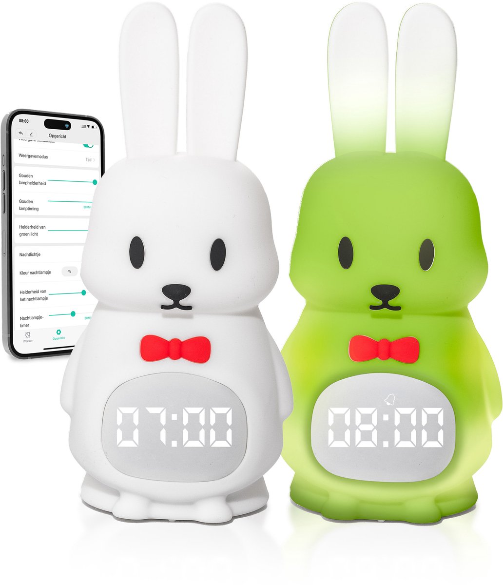 Bol.com 3Babies® Slaaptrainer – Slaapwekker Baby – Nachtlamp functie met Wekker – Kinderwekker – Tuxedo Rabbit – Inclusief App aanbieding