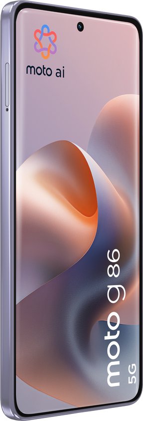 Lichtpaarse smartphone met 'moto ai' en 'moto g 86 5G' op het scherm.