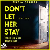 Boekcover van 'Don't Let Her Stay' thriller, met een openstaande deur en gele tekst.