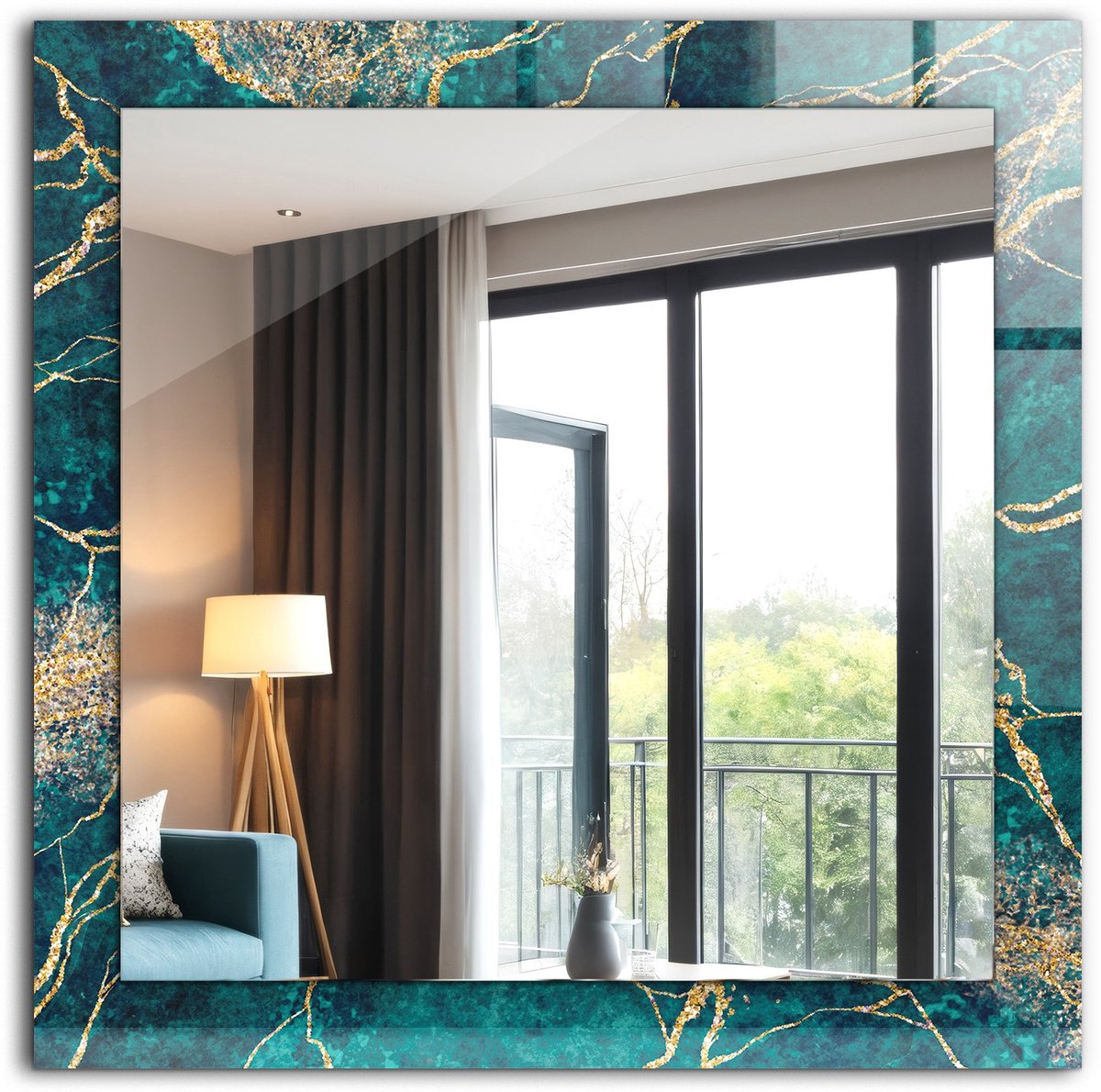 Tulup Spiegel - Vierkante vorm Spiegel - op gehard Glas - Groen marmer - 60 x 60 cm - Spiegel met een sierlijk motief - Woonkamerspiegel - Inloopkastspiegel - Hal - Make-up Spiegel - Wanddecoratie Spiegel - Montageset