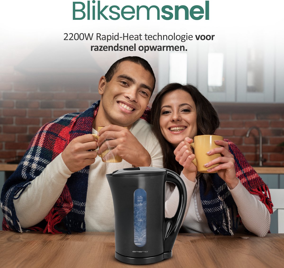 Emerio Waterkoker 1.7 Liter - Oververhittingsbeveiliging - Automatische Uitschakeling - Water niveau indicator - Elektrische Waterkoker 2200W - WK-123483 - Zwart — afbeelding 2