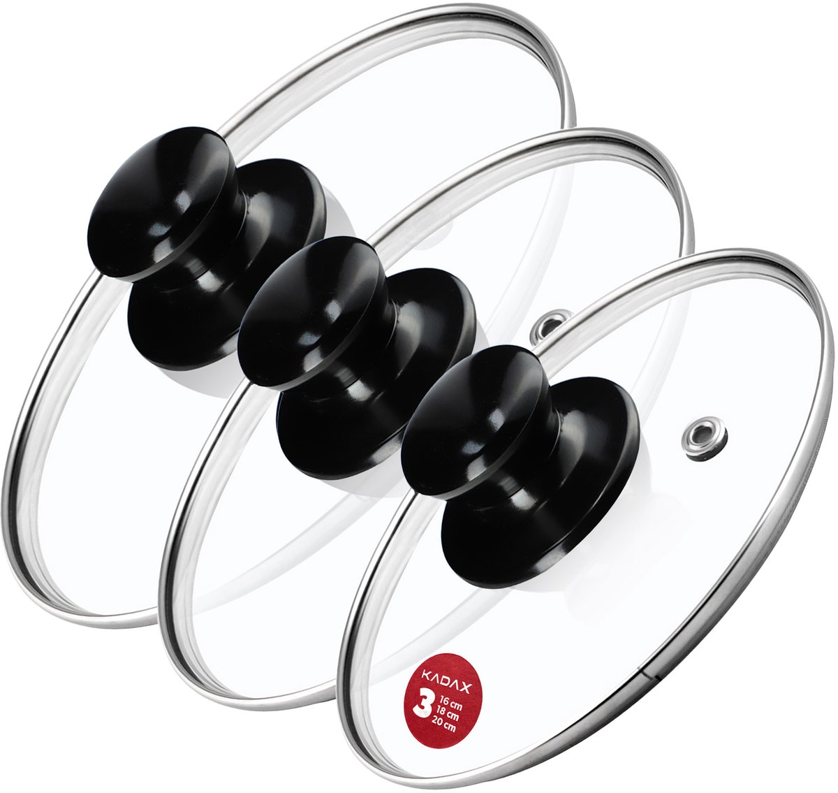 KADAX Pandekselset, universeel deksel van glas met handvat, hittebestendige dekselset in verschillende maten, pannendekselset, glazen deksel voor pot, pan (16 + 18 + 20 cm, glanzend zwart handvat)