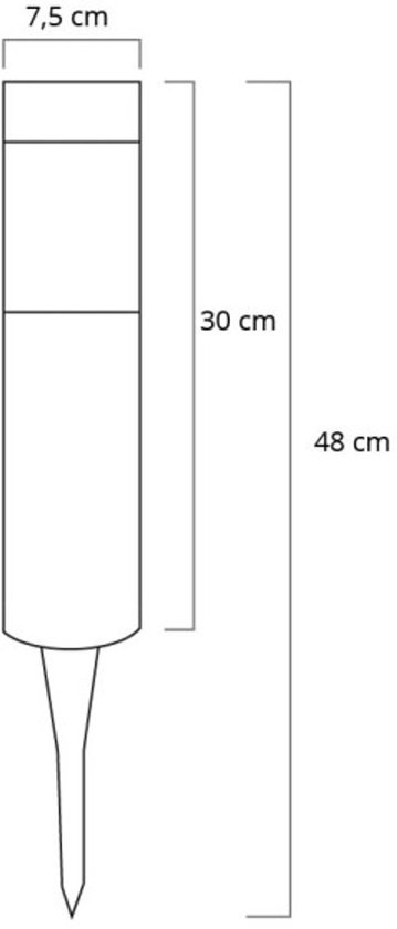 Technische tekening van een RVS solar tuinlamp met afmetingen: 7,5 cm breed, 30 cm lamp, 48 cm totaal.