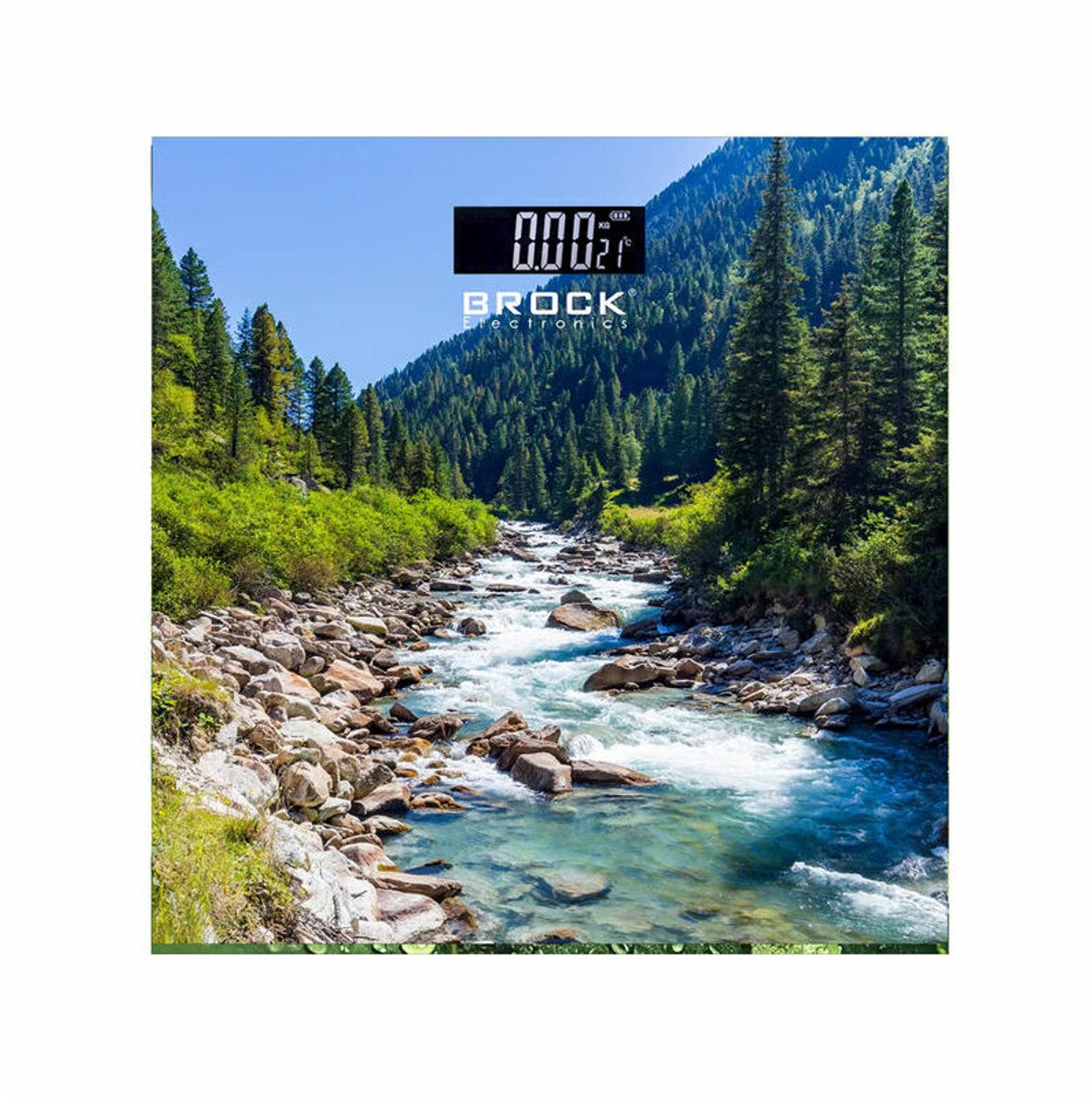 Brock Digitale Personenweegschaal – Rivier en Bergen Print – 30×30 cm – Tot 180 kg – LCD Display – Automatisch Inschakelen – Inclusief Batterijen
