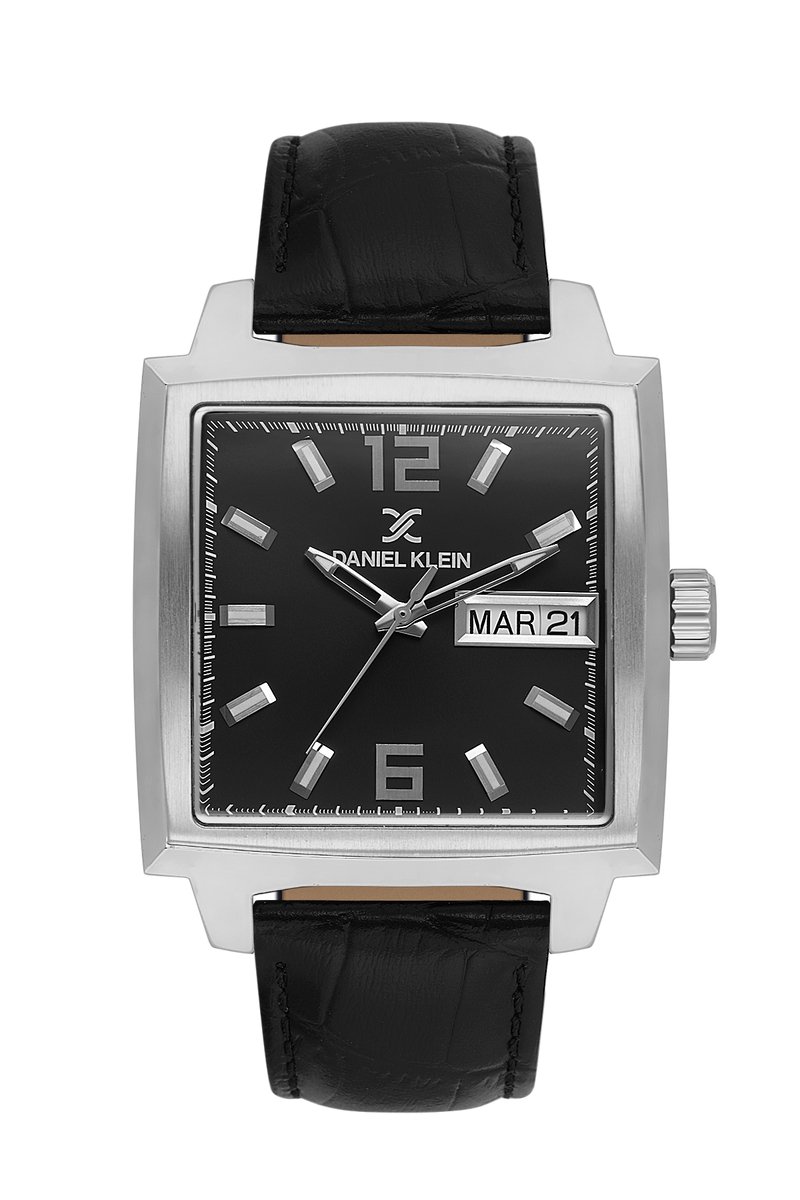 Daniel Klein DK.1.13991-2 - Horloge - Polshorloge - Analoog - Heren - Mannen - Leren band - Vierkant - Metaal - Datumaanduiding - Strepen - Cijfers - Zwart - Zilverkleurig - Wit