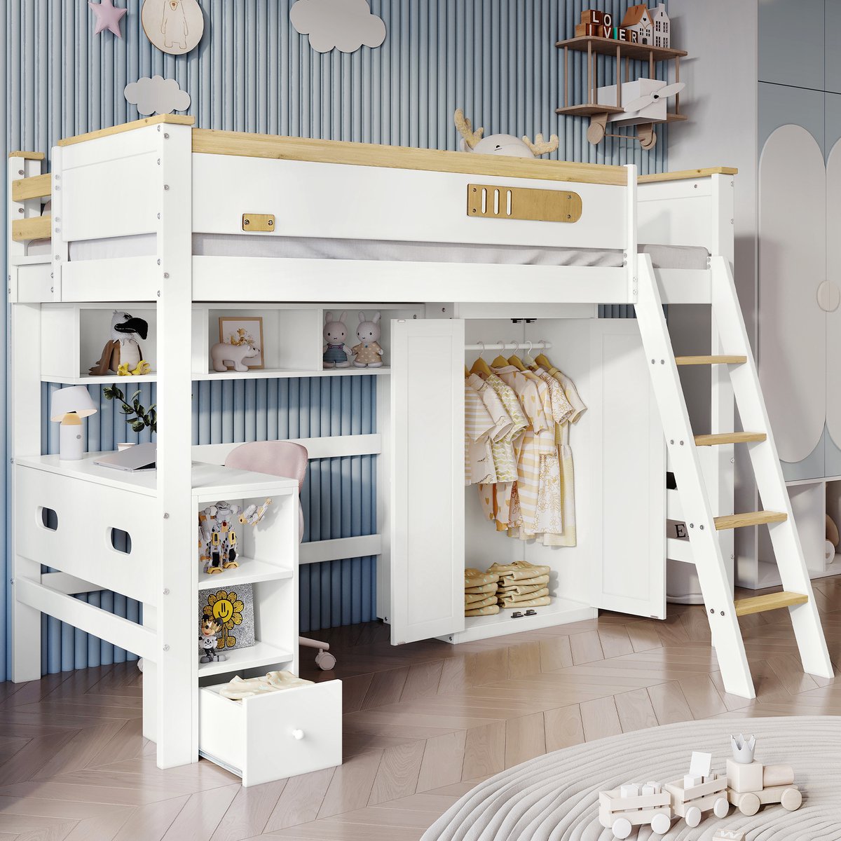 Merax Stapelbed - Babybedje - met valstopframe - met tafel en kledingkast - open planken - met vier ladders - naturel wit - 90x200 cm
