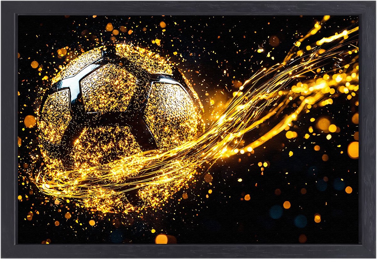 Gouden Voetbal in Beweging - Bal portret - Canvas schilderij voetbal - Futuristisch - Canvas print met lijst - Wandontwerp - canvas met baklijst 70x50 cm