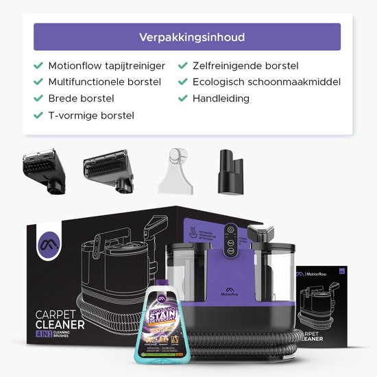 Motionflow 4-in-1 Tapijtreiniger - Verwarmingsfunctie en zelfreinigend - Vlekkenreiniger - Reinigingsmachine voor bank, vloer, auto en tapijt - Zetelreiniger met 4 Borstels / opzetstukken - Carpet Cleaner inclusief Schoonmaakmiddel