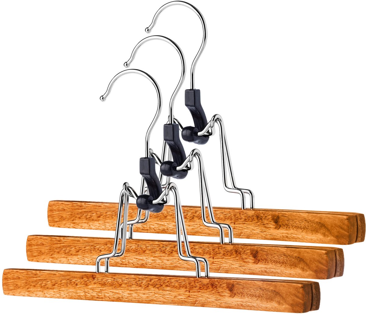 KADAX Broekhanger van hout, kledinghanger voor kleding, broeken, rokken, broekspanners, rokhanger, 360° draaibare haak van metaal, antislip, klembeugel, ruimtebesparend (3)