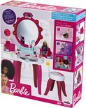 Doos van roze Barbie kaptafel met Barbie's en accessoires.