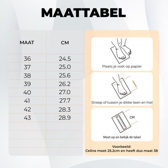 Maattabel voor schoenen met voetmetingen, een tabel met maten en centimeters, en een voorbeeld.