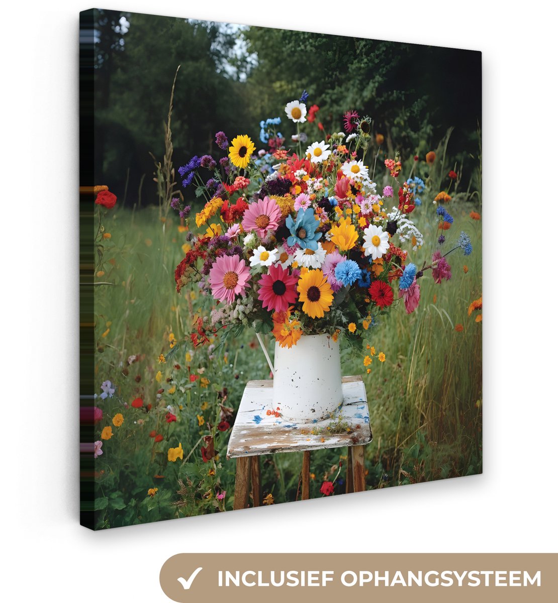 Canvas schilderij 20x20 cm - Exclusieve wanddecoratie Bloemen - Krukje - Gieter - Veld - M