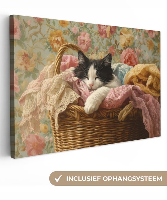 Canvas schilderij 150x100 cm - Exclusieve wanddecoratie Kat - Bloemenprint - Rieten mand - Muurdecoratie woonkamer - Slaapkamer decoratie - Kamer accessoires - Schilderijen op canvas