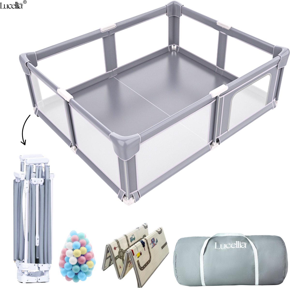 Lucellia® Grondbox Baby - Inklapbare Speelbox & Kinderbox – Inclusief Dubbelzijdige Speelmat + 50 Ballen – Met Draagtas & 2 Siliconen Optrekringen – Slim Kliksysteem Zonder Gereedschap – Licht Grijs – 130x130x69 cm