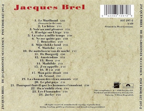 Achterkant CD Jacques Brel 'De 24 Grootste Successen'. Met tracklist en "Printed in West Germany".