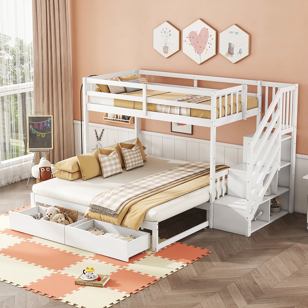 Pugsdrly Stapelbed, 90 x 200 cm, bed met uitschuifbed, bed met lattenbodem (zonder matras), opbergbare treden, twee lades, grenenhout, minimalistisch, wit