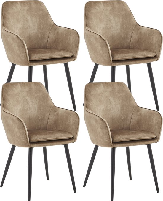 Colenis® - Chaise de salle à manger Levan - Set de 4 - Taupe - Velours Adoré - Industriel - Avec accoudoirs