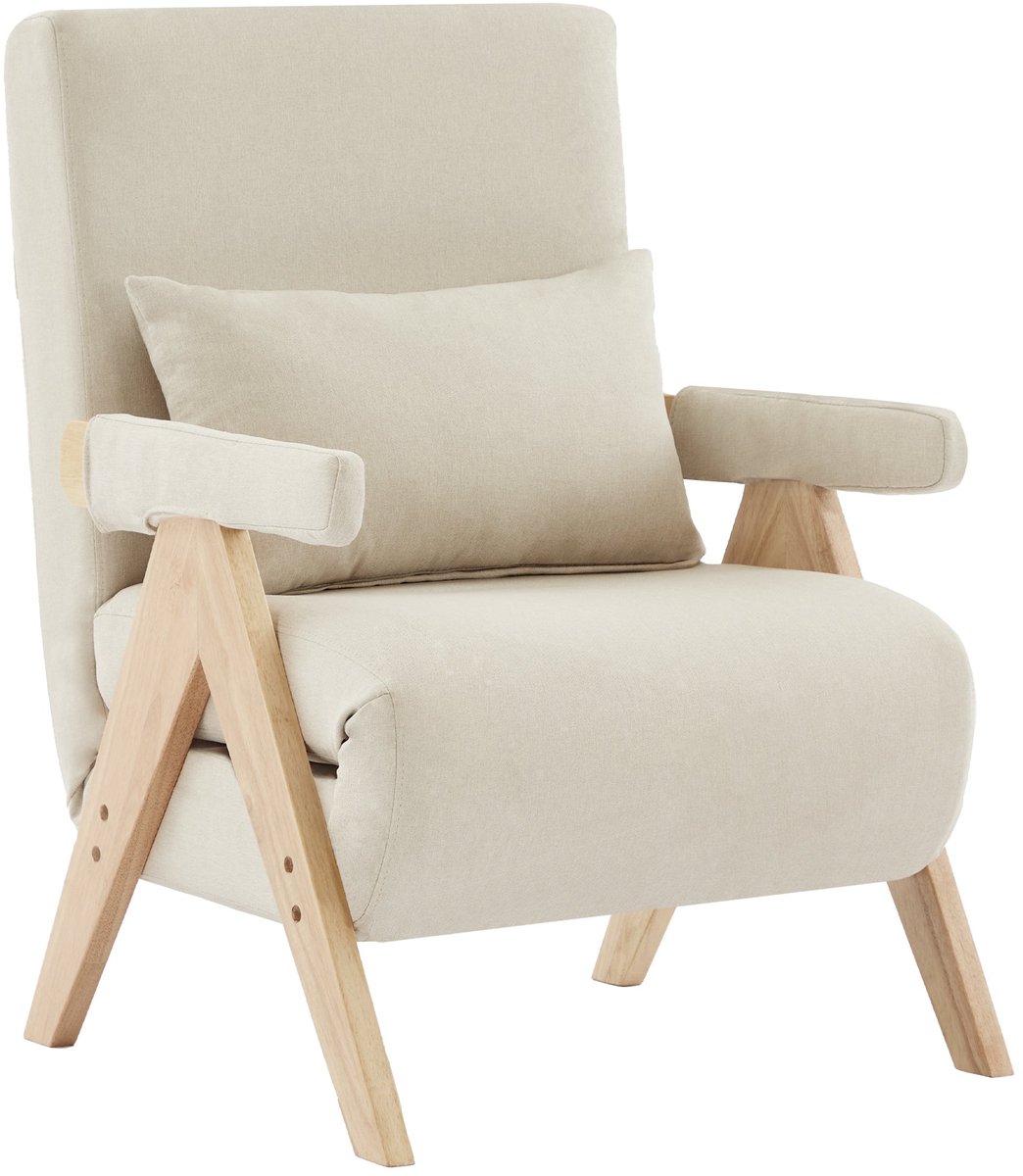 Merax 3-in-1 Slaapfauteuil Beige – Klapstoel met Verstelbare Rugleuning en Kussen – Compact Slaapbankje 1 Persoonsbed Linnen voor Woonkamer of Logeerkamer
