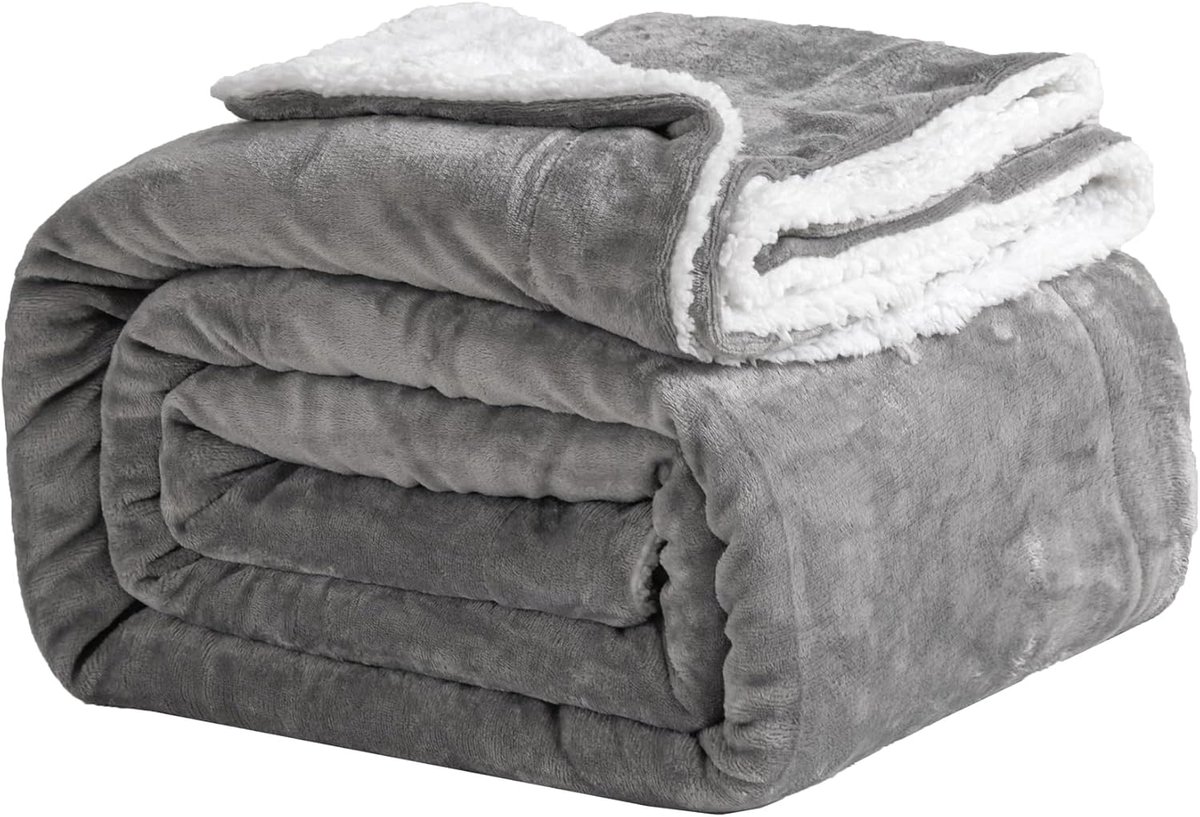 Famanu - Knuffeldeken 130 x 150 cm, grijs, fleecedeken, woondeken, Sherpa Bankdeken, warm, zacht voor de winter, grijs, 130 x 150 cm