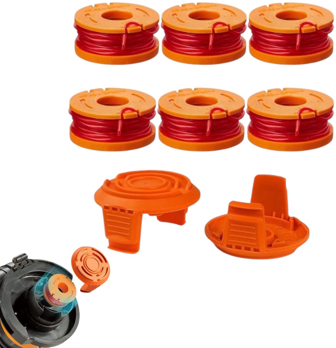8-delige set - 6 spoelen - Grasmaaieraccessoires - Voor WORX grasmaaiers - Vervanging WORX WA0010/WA6531 spoelen - 2 maaidraaddoppen - Maaidraadhaspels - Vervangingsspoelen voor grasmaaiers