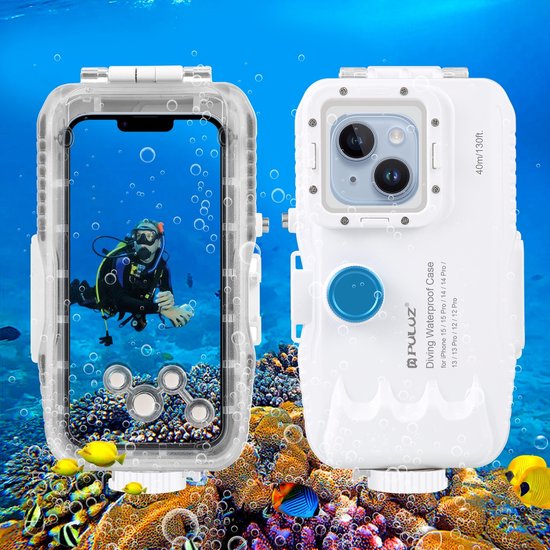 PULUZ 40m / 130ft waterdichte duiktas voor iPhone 16/15/15 Pro / 14/14 Pro / 13/13 Pro / 12/12 Pro met unidirectionele klep voor onderwateropnames