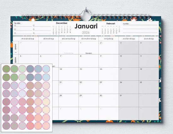 Kalender 2026 - (A4+) - 48 morandi stickers - Bloemen