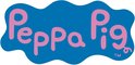 Peppa Pig logo in roze letters op een blauwe achtergrond.