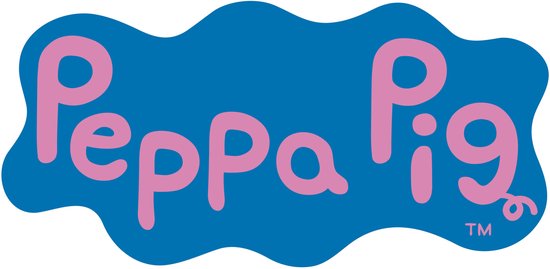 Peppa Pig logo in roze letters op een blauwe achtergrond.