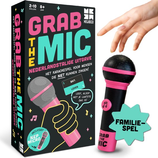 Doos van "Grab the Mic", een Nederlandstalig karaoke spel, met roze nep-microfoon en speelkaarten.