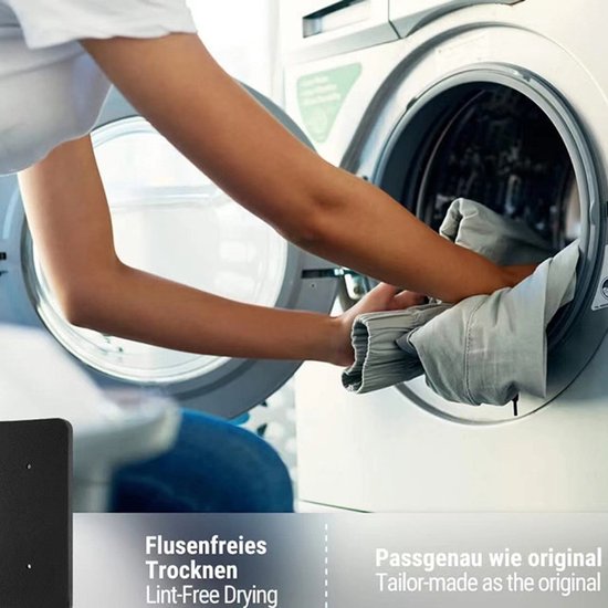 Een vrouw laadt een wasmachine. Voorgrond: zwart filter. Tekst: Lint-Free Drying, Tailor-made as the original.