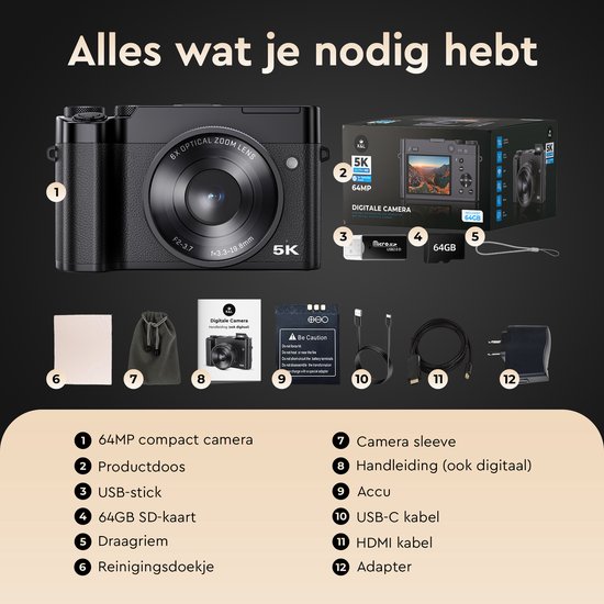 K&L Digitale Camera 5K - 64MP - 6X Optische Zoom Camera - Compact | bol